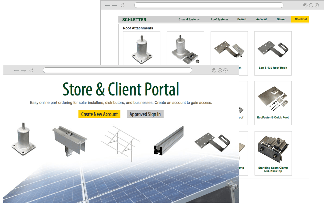 Solar parts store homepage and product page